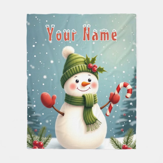 Cute Snowman Christmas Design with Custom Name Fleece Blanket (Front)