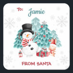 Cute Snowman Christmas From To Square Sticker<br><div class="desc">Cute Christmas Square Gift Sticker with a cute snowman,  bunny,  and Christmas tree in a snowy forest for kids' birthdays around Christmas. You can easily personalise it.</div>
