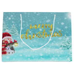 Cute Snowman,Christmas Hat, Pine Trees Holiday Large Gift Bag