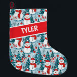 Cute Snowman Christmas Personalised  Large Christmas Stocking<br><div class="desc">Cute cosy snowmen in warm red scarves and warm knit hats and a pretty green,  red and blue pine tree background personalised Christmas stocking.</div>