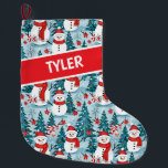 Cute Snowman Christmas Personalised  Large Christmas Stocking<br><div class="desc">Cute cosy snowmen in warm red scarves and warm knit hats and a pretty green,  red and blue pine tree background personalised Christmas stocking.</div>