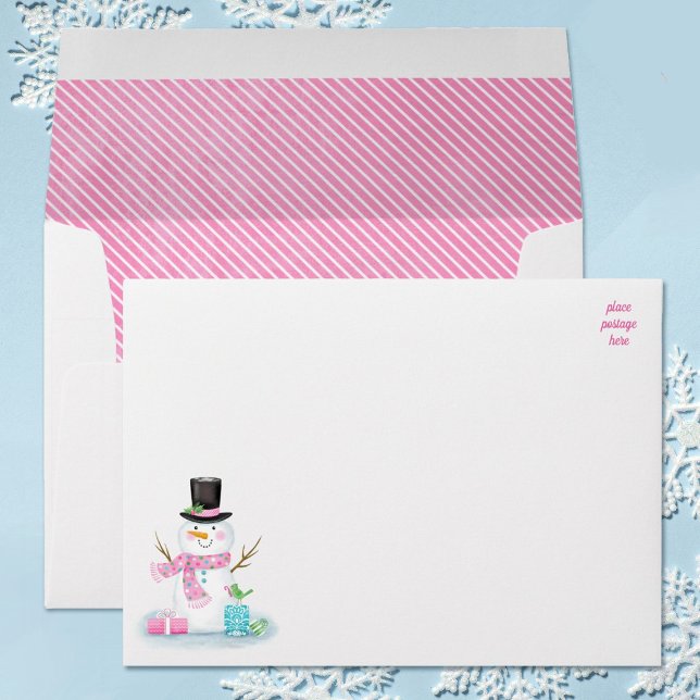 Cute Snowman Christmas Pink Envelope (A cute winter snowman envelope for your holiday mail,)