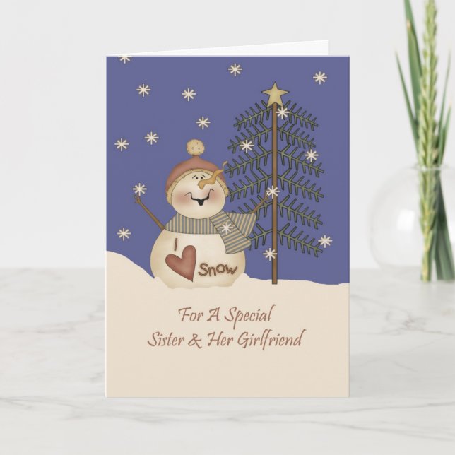 Cute Snowman Christmas Sister & Girlfriend Holiday Card (Front)