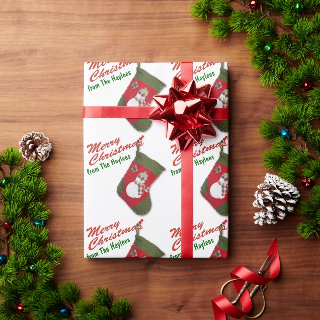 Cute Snowman Christmas Stocking White Personalised Wrapping Paper (Holiday Gift)