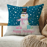 Cute Snowman Christmas Throw Pillow<br><div class="desc">A cute snowman on a snowy night decorates this pillow with the words Happy Holidays. Personalise it by Changing the text to whatever you wish. Designed for you by Blackberry Boulevard.</div>
