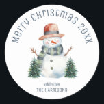 Cute Snowman Christmas Tree Winter Christmas Classic Round Sticker<br><div class="desc">Make your gifts extra festive with our Cute Snowman Christmas Tree Winter Christmas Classic Round Sticker! Personalise it with your name to add a special touch to your presents. Spread holiday cheer with this adorable snowman design that will surely put a smile on your loved ones' faces.</div>