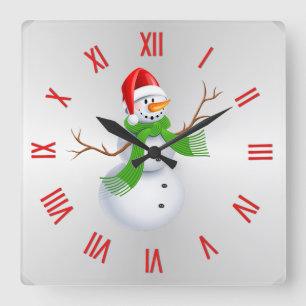 Cute Snowman Christmas w Roman Numerals Square Wall Clock