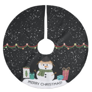 Cute Snowman Christmas White & Black Brushed Polyester Tree Skirt