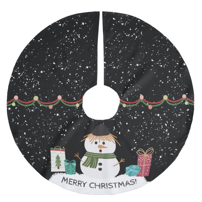 Cute Snowman Christmas White & Black Brushed Polyester Tree Skirt (Front)