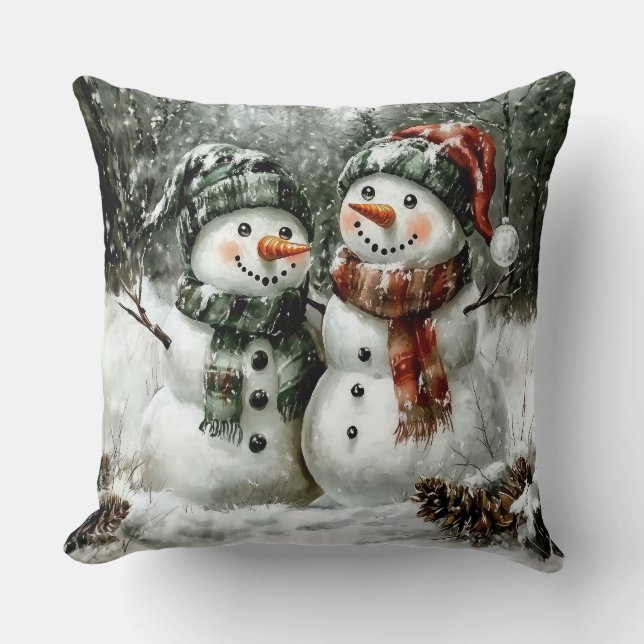 Cute Snowman Couple Christmas Throw Pillow (Front)