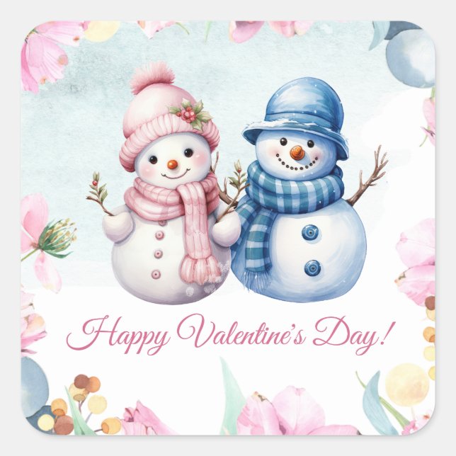 Cute Snowman Couple Happy Valentine's Day Square Sticker (Front)