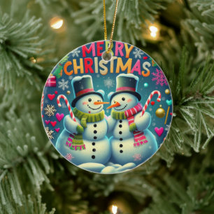 Cute Snowman Couple With a Hats Ornament