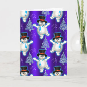 Cute Snowman Dancing Blue Christmas Card