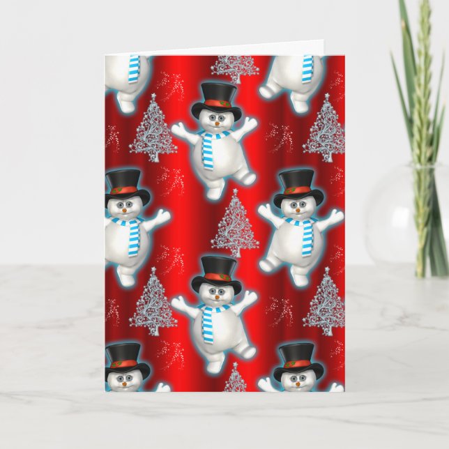 Cute Snowman Dancing Red Christmas Card (Front)