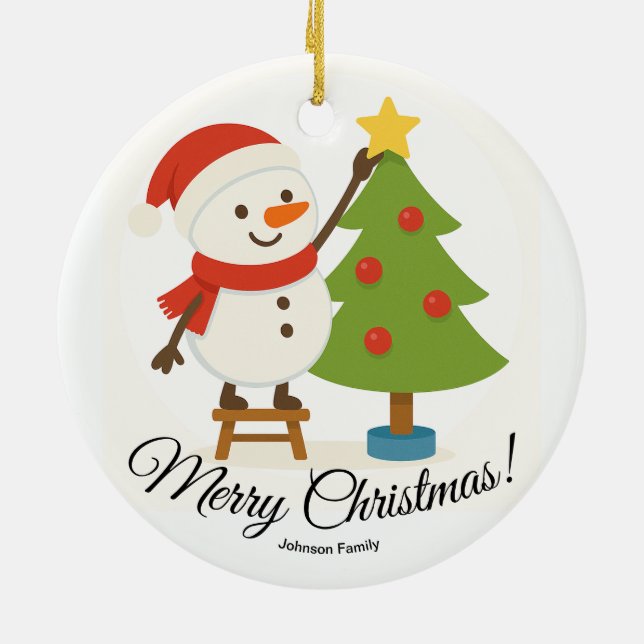 Cute Snowman Decorating Tree Personalized Name Ceramic Tree Decoration (Back)