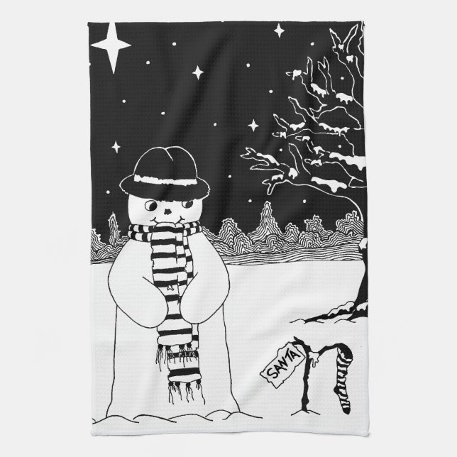 Cute snowman design black and white Christmas Tea Towel (Vertical)