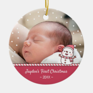 Cute Snowman Doodle Baby's First Christmas Photo Ceramic Tree Decoration