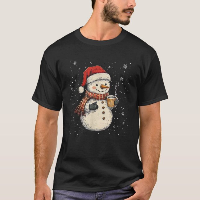 Cute Snowman Drink Coffee Winter Snowflake Snowman T-Shirt (Front)