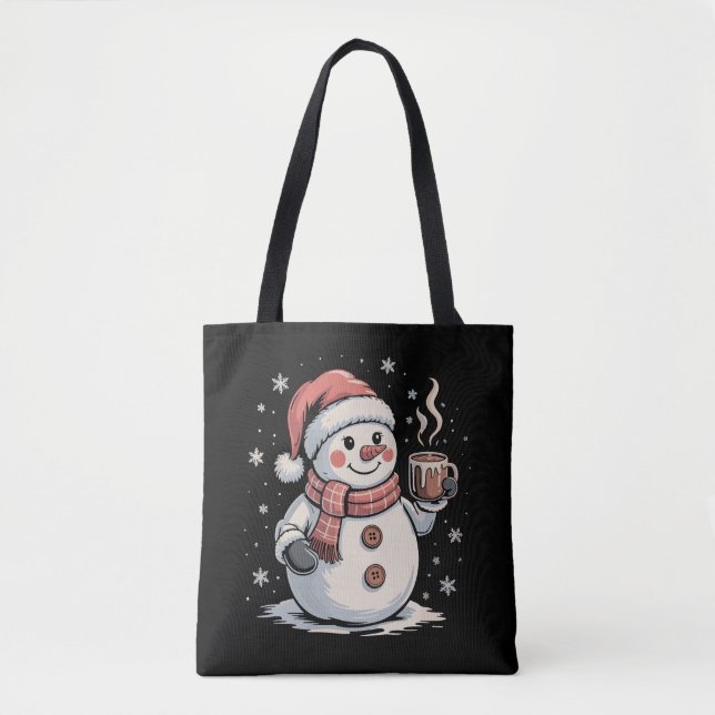 Cute Snowman Drink Coffee Winter Snowflake Xmas Tote Bag (Front)