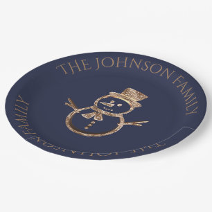 Cute Snowman Elegant Blue and Gold Christmas Paper Plate
