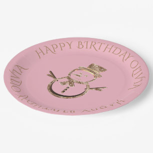 Cute Snowman Elegant Pink and Gold Custom Text Paper Plate
