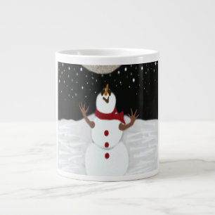 Cute Snowman Enjoying The Moon Painting Large Coffee Mug