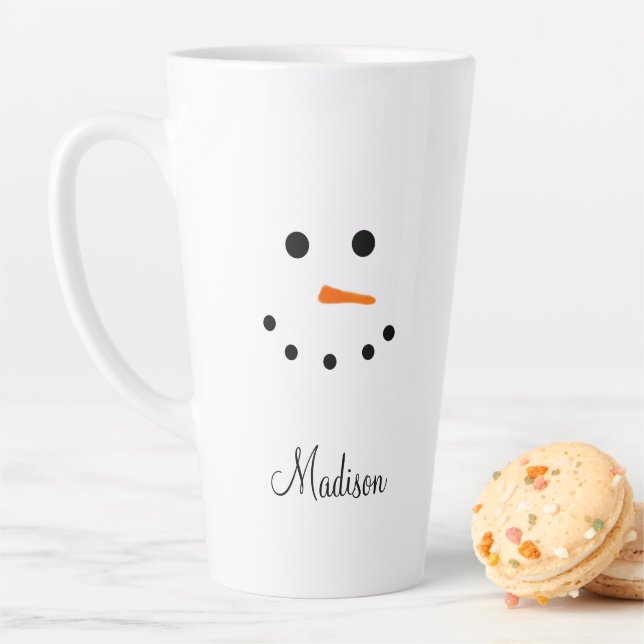 Cute Snowman Face White Christmas Personalised Latte Mug (In Situ)