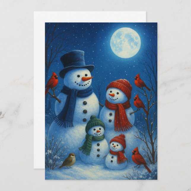 Cute Snowman Family In Snowy Moonlit Night Holiday Card (Front/Back)