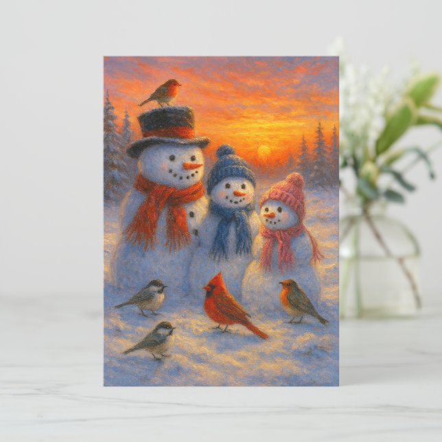Cute Snowman Family In Snowy Woodland Sunset Holiday Card (Standing Front)
