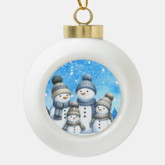 Cute snowman family in the snow ceramic ball christmas ornament