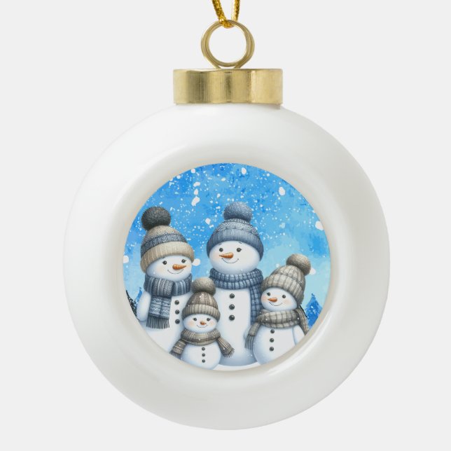 Cute snowman family in the snow ceramic ball christmas ornament (Front)