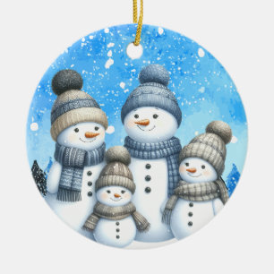 Cute snowman family in the snow ceramic tree decoration