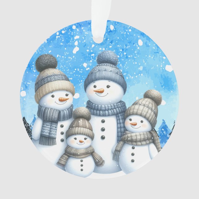 Cute snowman family in the snow ornament (Front)