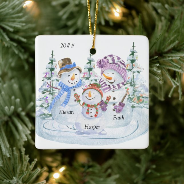 Cute Snowman Family of 3 Personalised Christmas Ceramic Ornament (Tree)