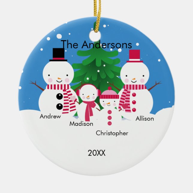 Cute Snowman Family of 4 Christmas Ornament (Front)