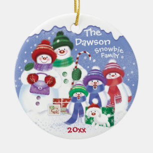 "Cute Snowman, Family of 5 Snowbies, Christmas Ceramic Tree Decoration