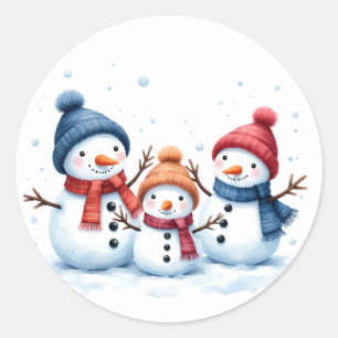 Cute Snowman Family Watercolor Illustration Round  Classic Round Sticker