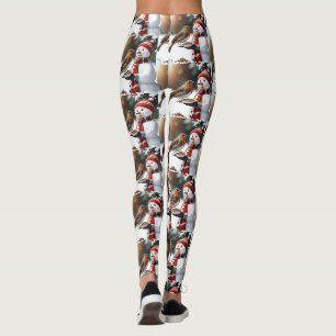 Cute Snowman feeding a Robin Christmas design Leggings
