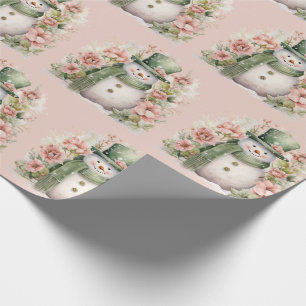 Cute Snowman Floral Pink Christmas Holiday Wrapping Paper