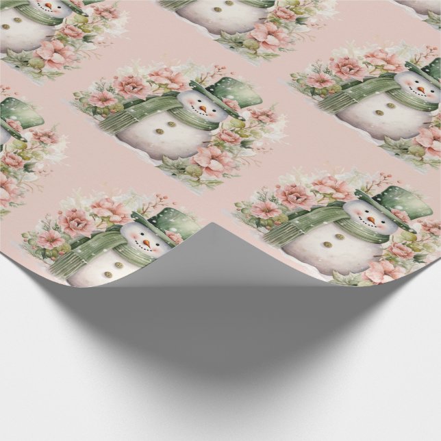 Cute Snowman Floral Pink Christmas Holiday Wrapping Paper (Corner)