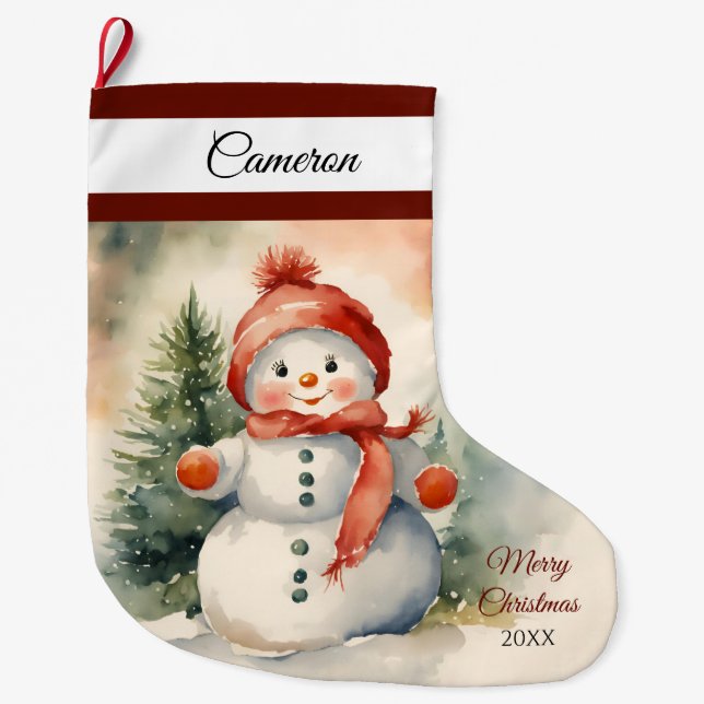 Cute Snowman Girl Personalised  Large Christmas Stocking (Front)