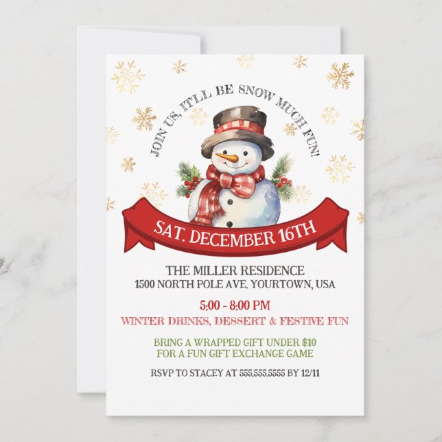 Cute Snowman Gold Snowflakes Christmas Party  Invitation (Front)