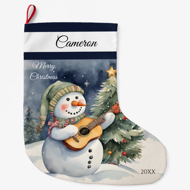 Cute Snowman Guitar Large Christmas Stocking (Front)