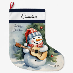 Cute Snowman Guitar Personalised Large Christmas Stocking