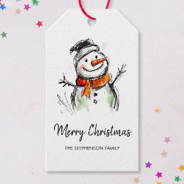 Cute Snowman Hand Drawn Sketch Merry Christmas Gift Tags