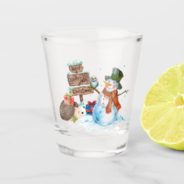 Cute Snowman Hedgehog Holly Jolly Christmas  Shot Glass (Front)