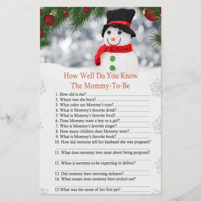 Cute snowman how well do you know baby shower (Front)