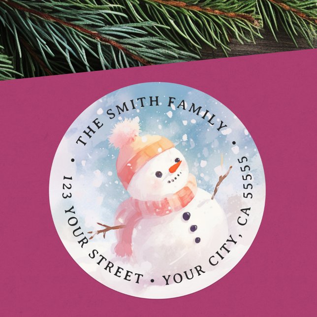 Cute snowman illustration painting return address classic round sticker (Cute snowman illustration painting return address classic round sticker)
