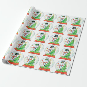 Cute Snowman in a Snow Globe with Christmas Tree Wrapping Paper
