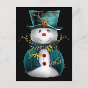 Cute Snowman in Blue and Green Velvet Christmas Holiday Postcard